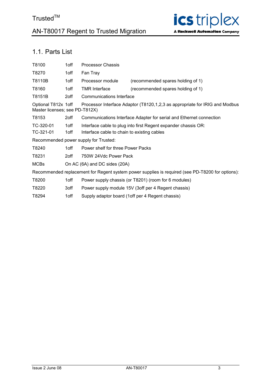 Parts list, Trusted | Rockwell Automation T80017 Application Note Regent to Trusted Migration User Manual | Page 3 / 23