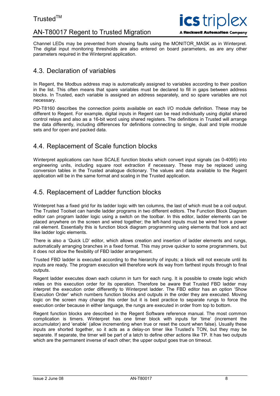 Declaration of variables, Replacement of scale function blocks, Replacement of ladder function blocks | Trusted | Rockwell Automation T80017 Application Note Regent to Trusted Migration User Manual | Page 8 / 23