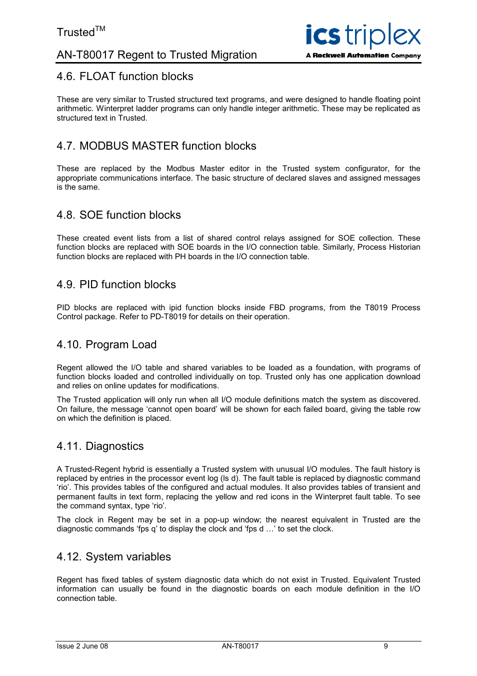 Float function blocks, Modbus master function blocks, Soe function blocks | Pid function blocks, Program load, Diagnostics, System variables, Trusted | Rockwell Automation T80017 Application Note Regent to Trusted Migration User Manual | Page 9 / 23