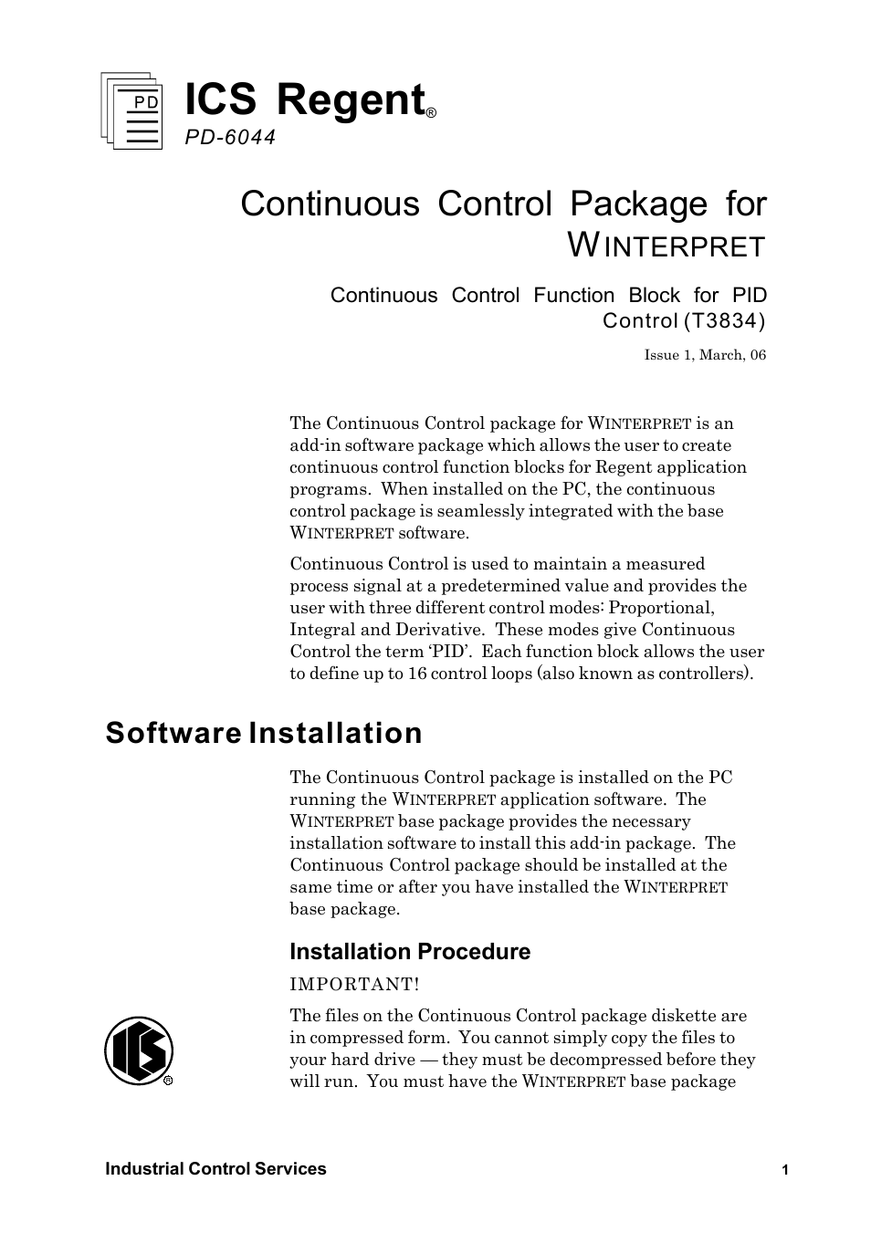 Rockwell Automation T3834 ICS Regent Continuous Control Package for Winterpret User Manual | 23 pages