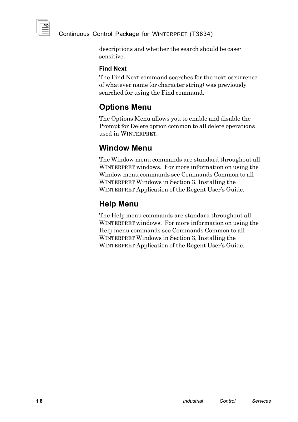 Options menu, Window menu, Help menu | Rockwell Automation T3834 ICS Regent Continuous Control Package for Winterpret User Manual | Page 18 / 23