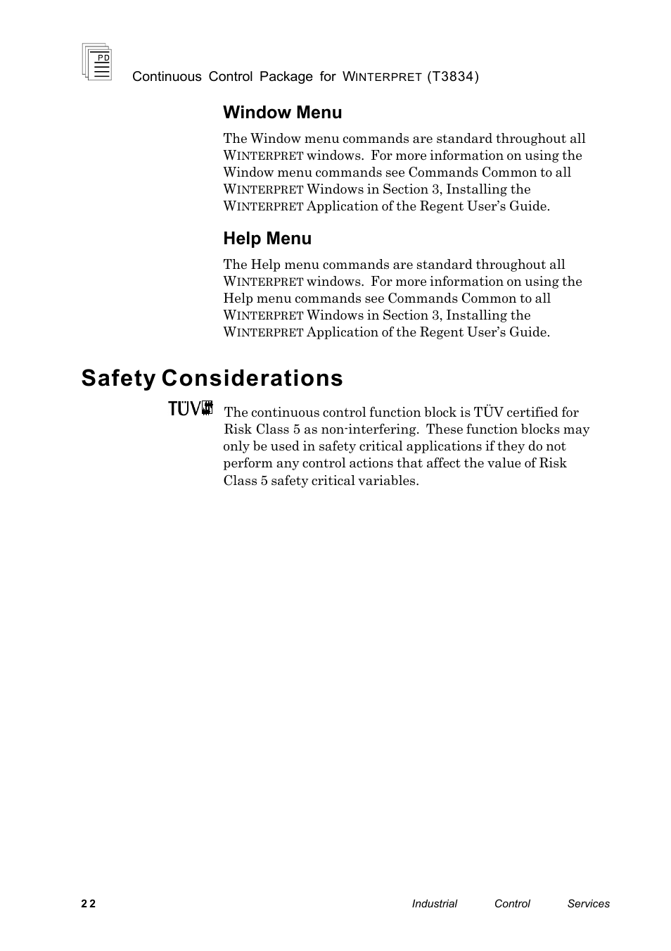 Safety considerations, Window menu, Help menu | Rockwell Automation T3834 ICS Regent Continuous Control Package for Winterpret User Manual | Page 22 / 23