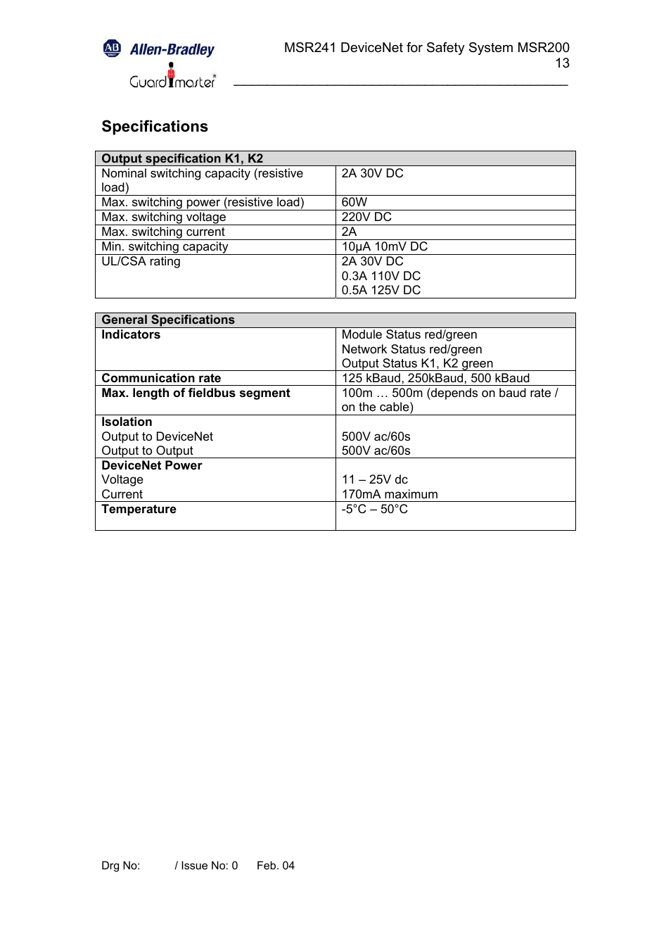 Specifications | Rockwell Automation 440R MSR241 Minotaur Safety Relay User Manual | Page 13 / 13