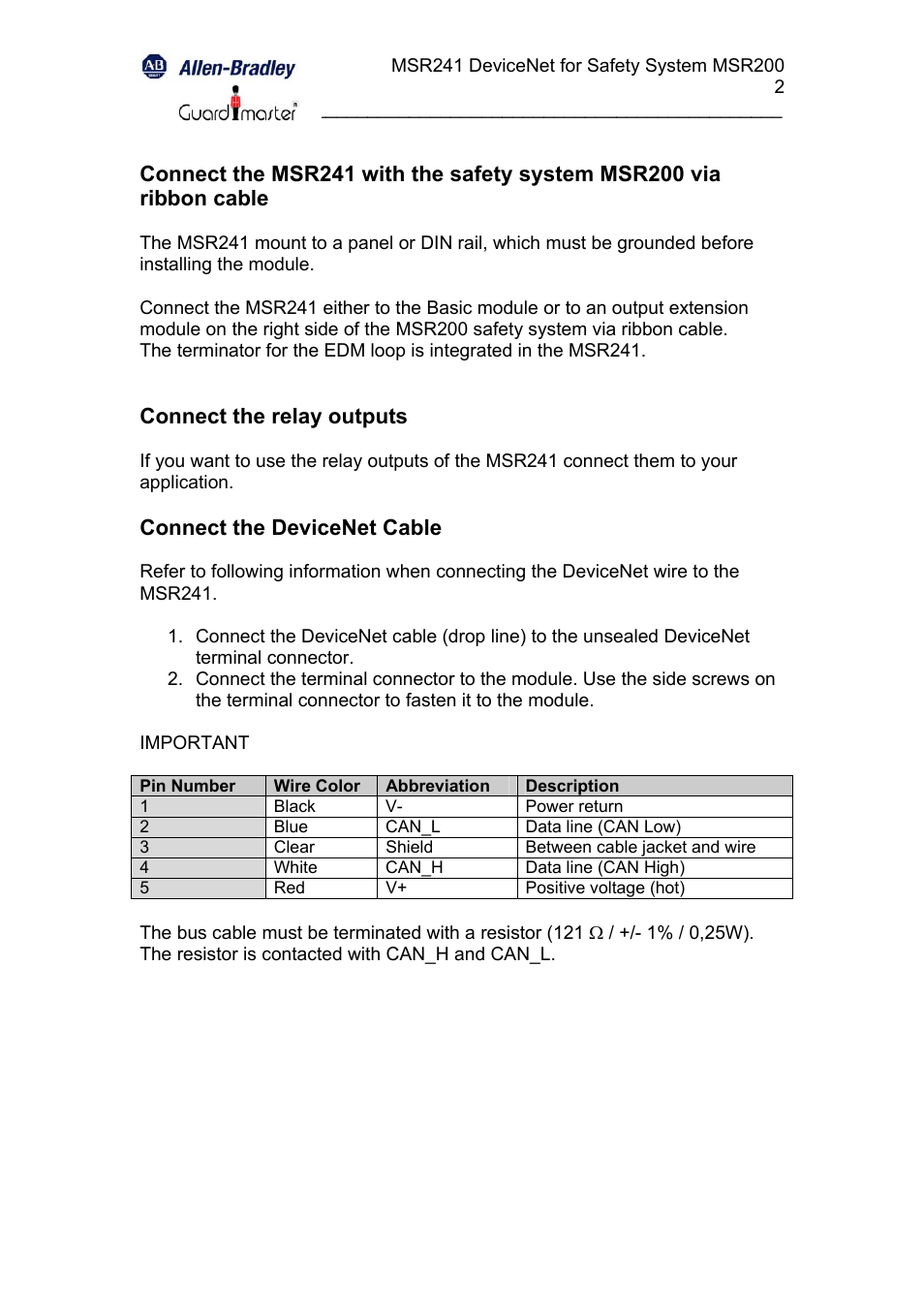 Connect the relay outputs, Connect the devicenet cable | Rockwell Automation 440R MSR241 Minotaur Safety Relay User Manual | Page 2 / 13