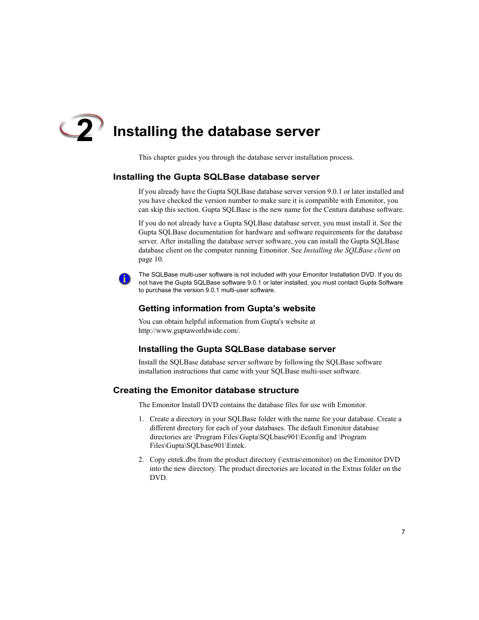 Installing the database server, Installing the gupta sqlbase database server, Getting information from gupta’s website | Creating the emonitor database structure | Rockwell Automation Emonitor with a Gupta Multi-User Database User Manual | Page 11 / 50