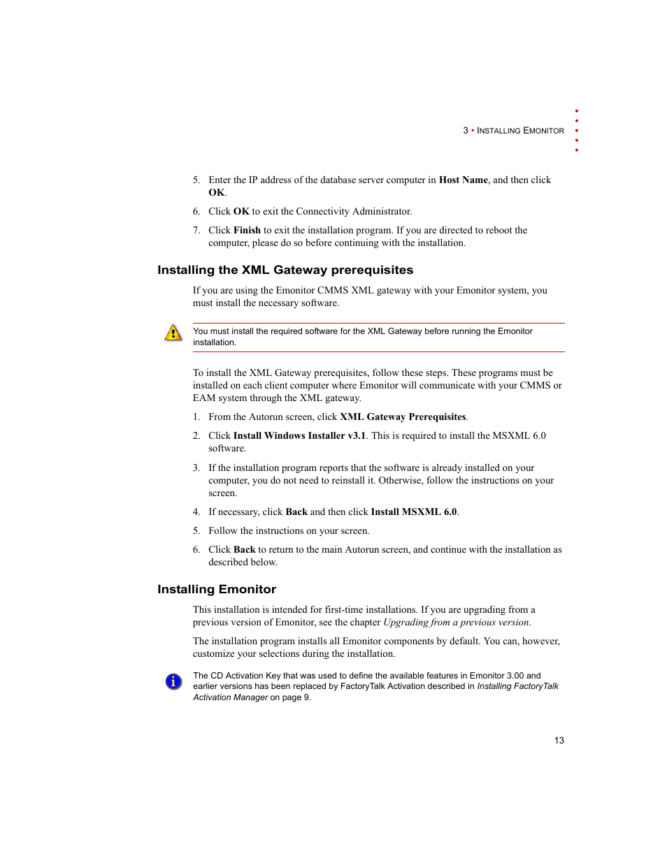 Installing the xml gateway prerequisites, Installing emonitor | Rockwell Automation Emonitor with a Gupta Multi-User Database User Manual | Page 17 / 50