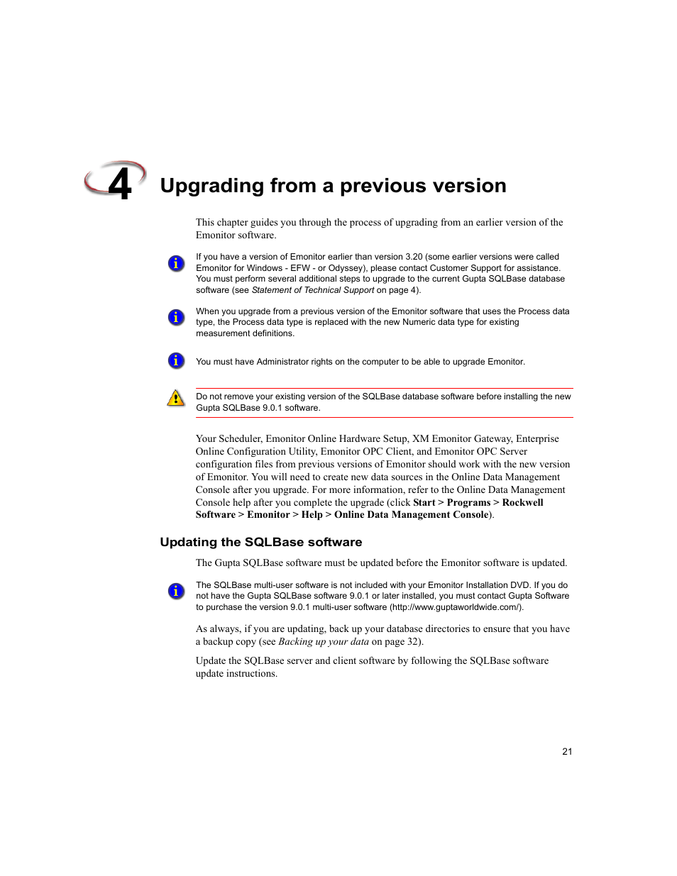 Upgrading from a previous version, Updating the sqlbase software | Rockwell Automation Emonitor with a Gupta Multi-User Database User Manual | Page 25 / 50