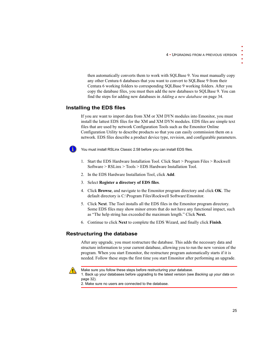 Installing the eds files, Restructuring the database | Rockwell Automation Emonitor with a Gupta Multi-User Database User Manual | Page 29 / 50