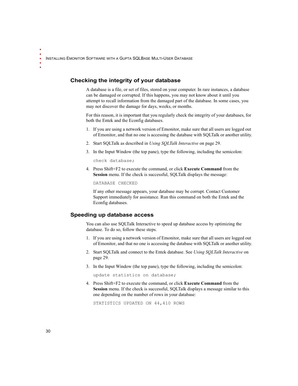 Checking the integrity of your database, Speeding up database access | Rockwell Automation Emonitor with a Gupta Multi-User Database User Manual | Page 34 / 50