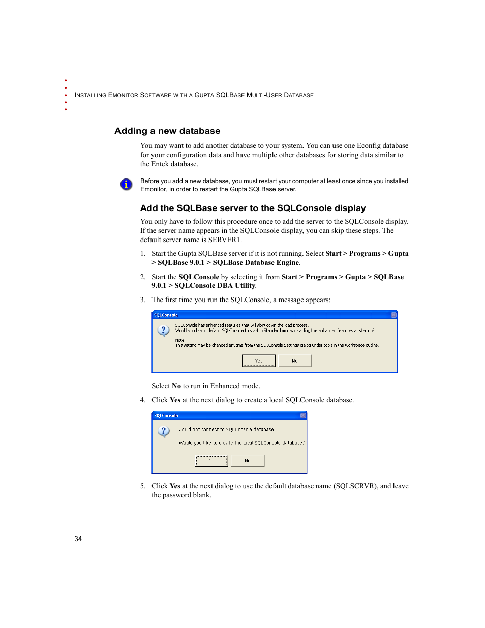 Adding a new database, Add the sqlbase server to the sqlconsole display | Rockwell Automation Emonitor with a Gupta Multi-User Database User Manual | Page 38 / 50