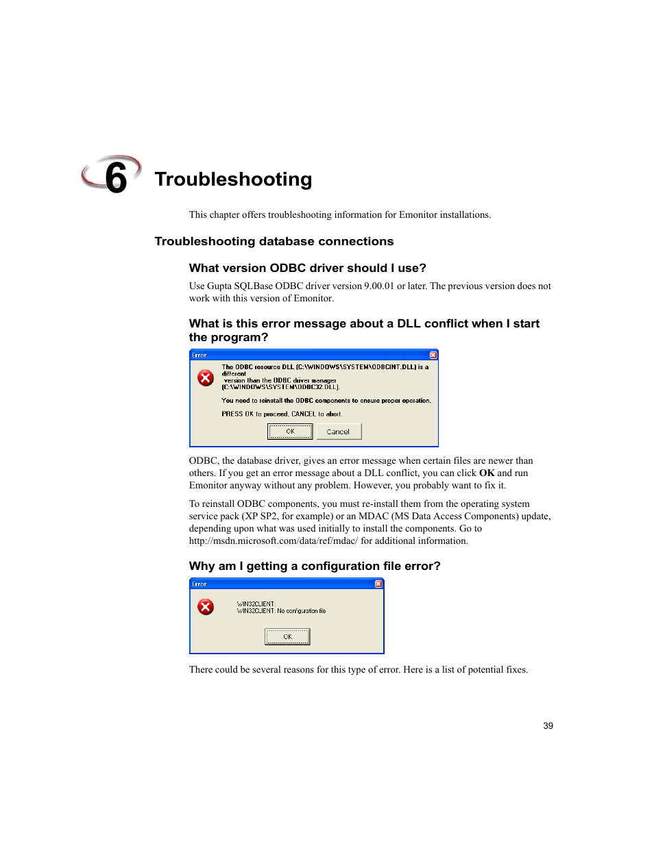 Troubleshooting, Troubleshooting database connections, What version odbc driver should i use | Why am i getting a configuration file error | Rockwell Automation Emonitor with a Gupta Multi-User Database User Manual | Page 43 / 50