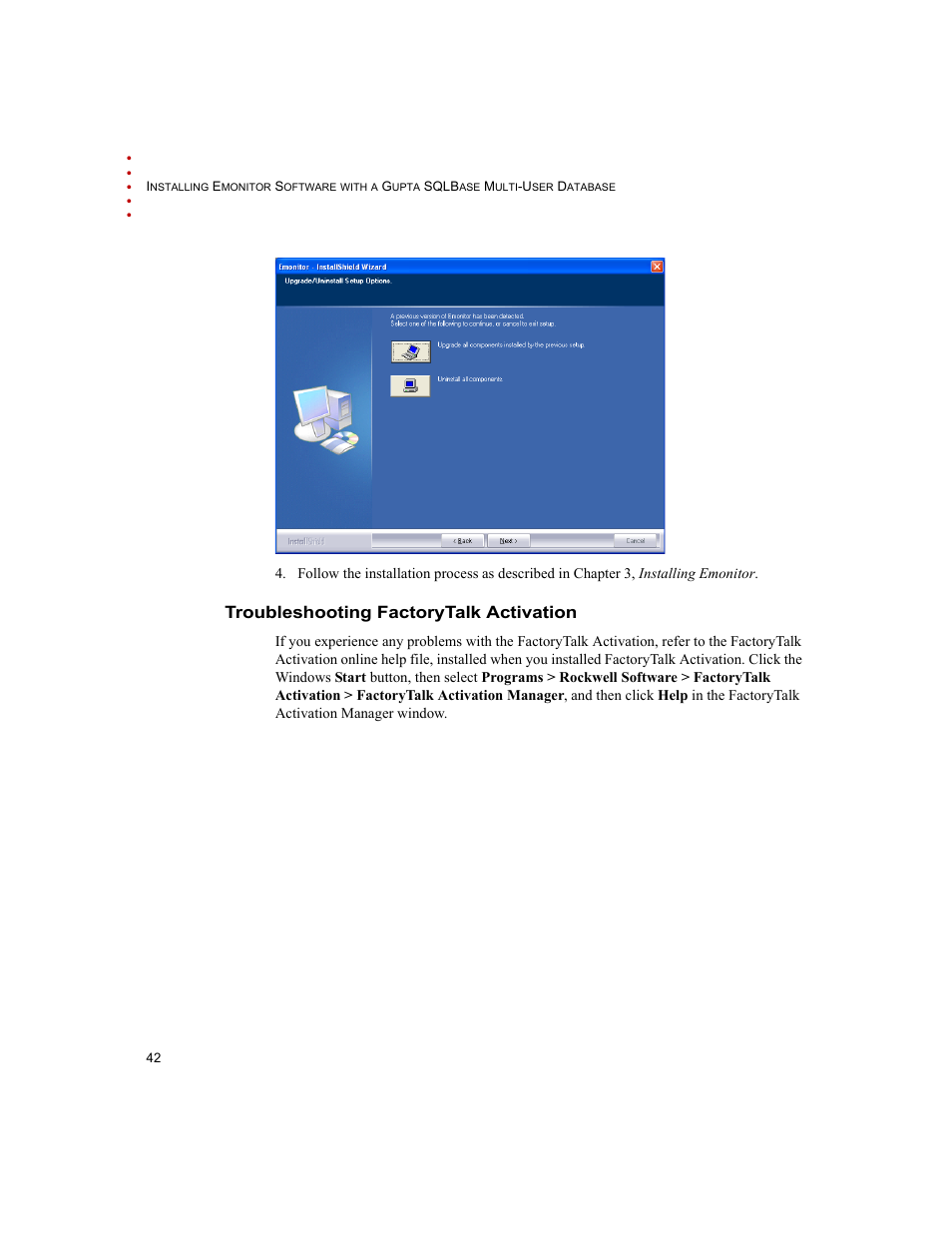 Troubleshooting factorytalk activation | Rockwell Automation Emonitor with a Gupta Multi-User Database User Manual | Page 46 / 50