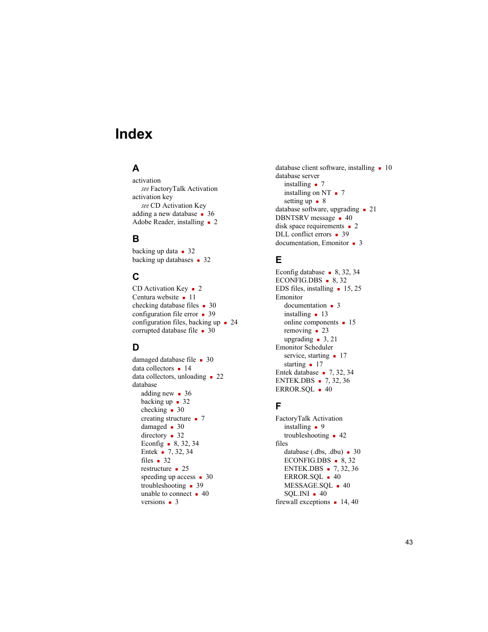 Index | Rockwell Automation Emonitor with a Gupta Multi-User Database User Manual | Page 47 / 50