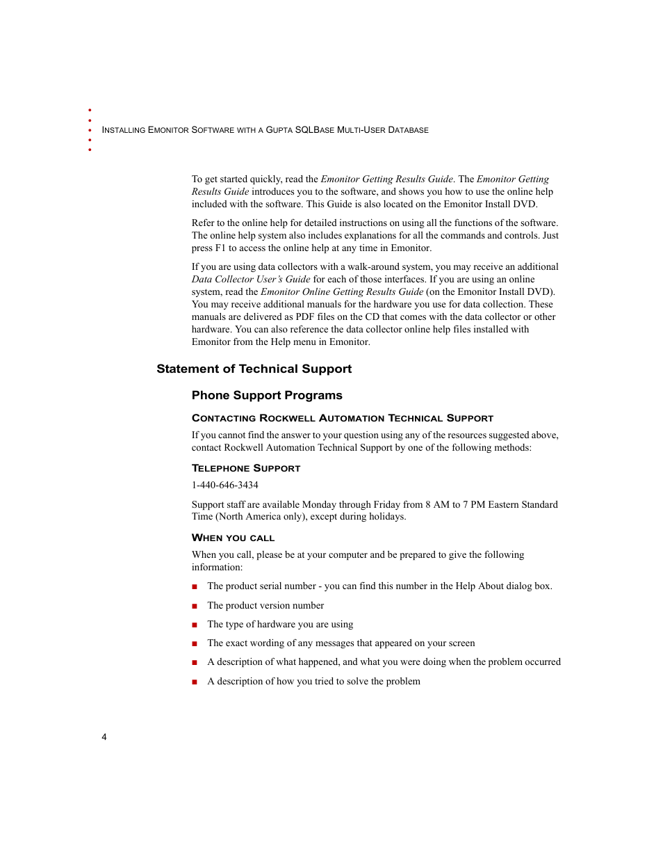 Statement of technical support, Phone support programs | Rockwell Automation Emonitor with a Gupta Multi-User Database User Manual | Page 8 / 50