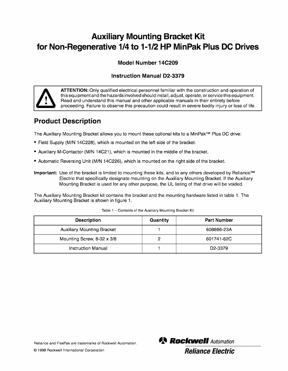 Rockwell Automation MinPak Plus DC Drive Auxiliary Mounting Bracket Kit NRG 1/4-1-1/2 HP 14C209 User Manual | 4 pages