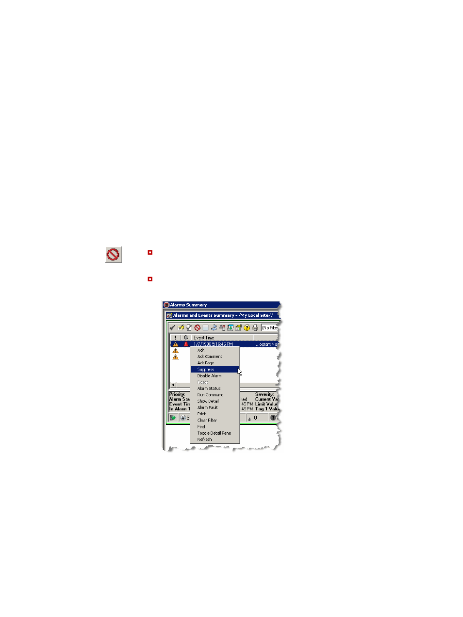 Suppress or unsuppress an alarm | Rockwell Automation FactoryTalk Alarms and Events Quick Start User Manual | Page 118 / 246
