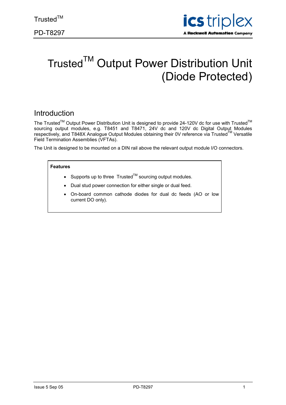 Rockwell Automation T8297 Trusted Output Power Distribution Unit (Diode Protected) User Manual | 10 pages