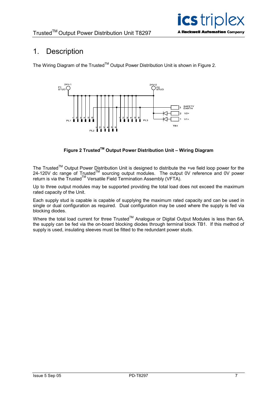 Description, Figure 2 trusted, Output power distribution unit – wiring diagram | Trusted, Output power distribution unit t8297 | Rockwell Automation T8297 Trusted Output Power Distribution Unit (Diode Protected) User Manual | Page 7 / 10