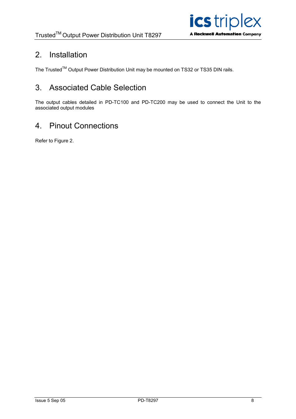 Installation, Associated cable selection, Pinout connections | Rockwell Automation T8297 Trusted Output Power Distribution Unit (Diode Protected) User Manual | Page 8 / 10