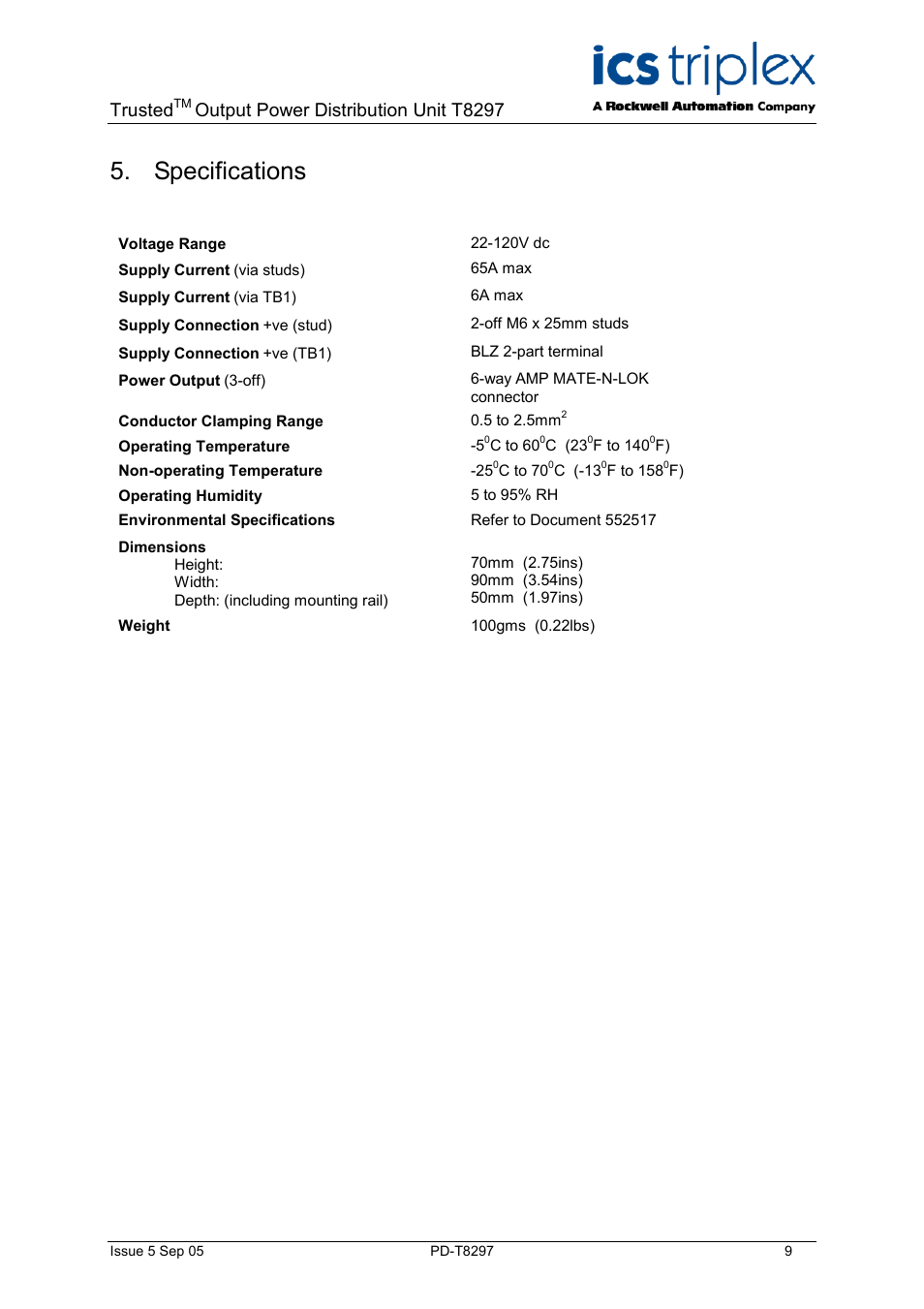 Specifications, Trusted, Output power distribution unit t8297 | Rockwell Automation T8297 Trusted Output Power Distribution Unit (Diode Protected) User Manual | Page 9 / 10