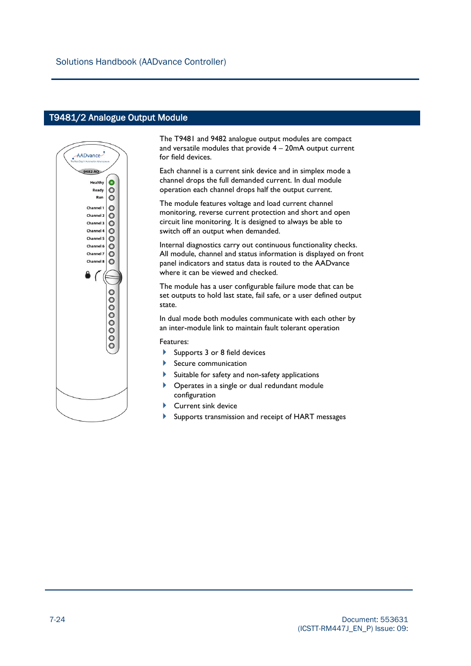 T9481/2 analogue output module -24 | Rockwell Automation AADvance Controller Solutions Handbook User Manual | Page 118 / 148