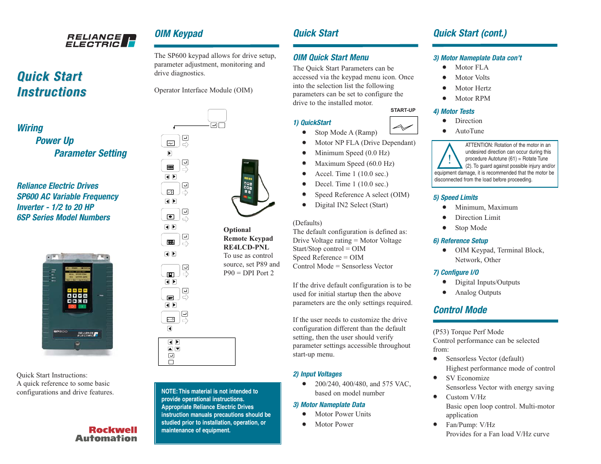 Rockwell Automation SP600 Quick Start 1/2-20HP User Manual | 4 pages