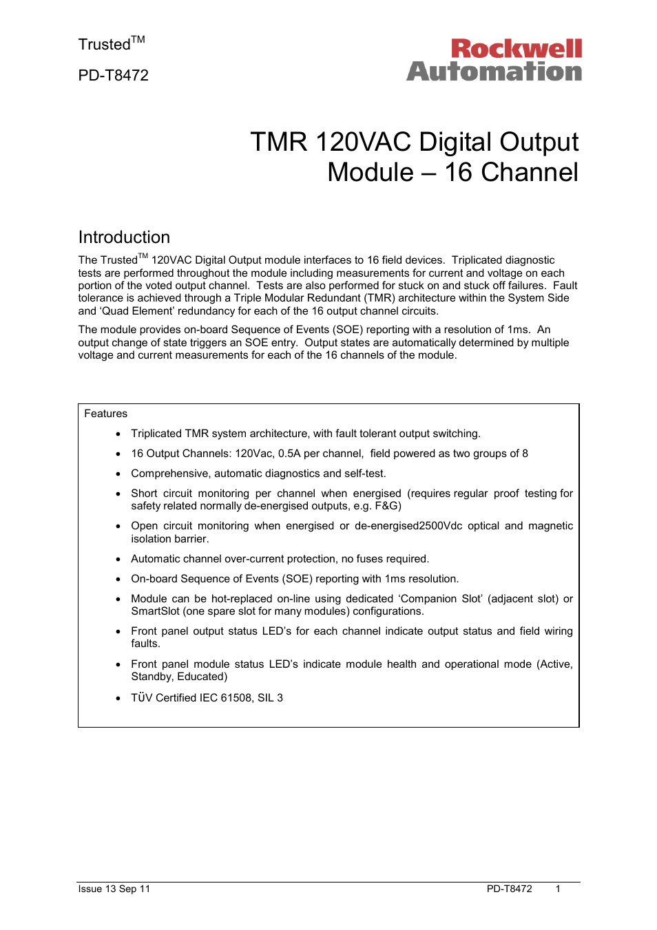 Rockwell Automation T8472 Trusted TMR 120V ac Isolated Output Module User Manual | 28 pages