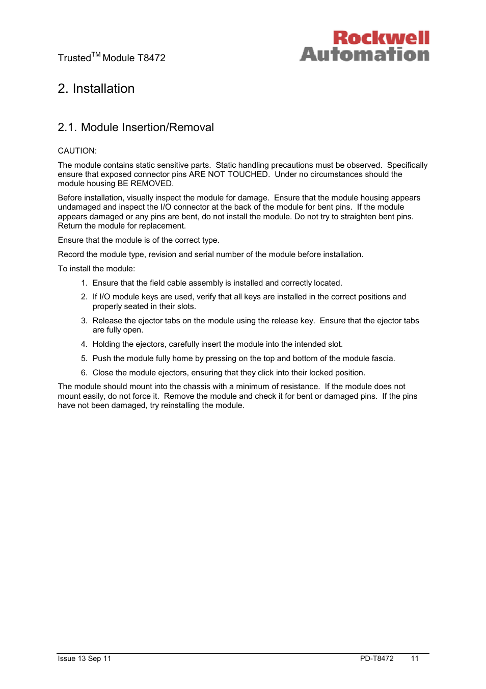 Installation, Module insertion/removal | Rockwell Automation T8472 Trusted TMR 120V ac Isolated Output Module User Manual | Page 11 / 28