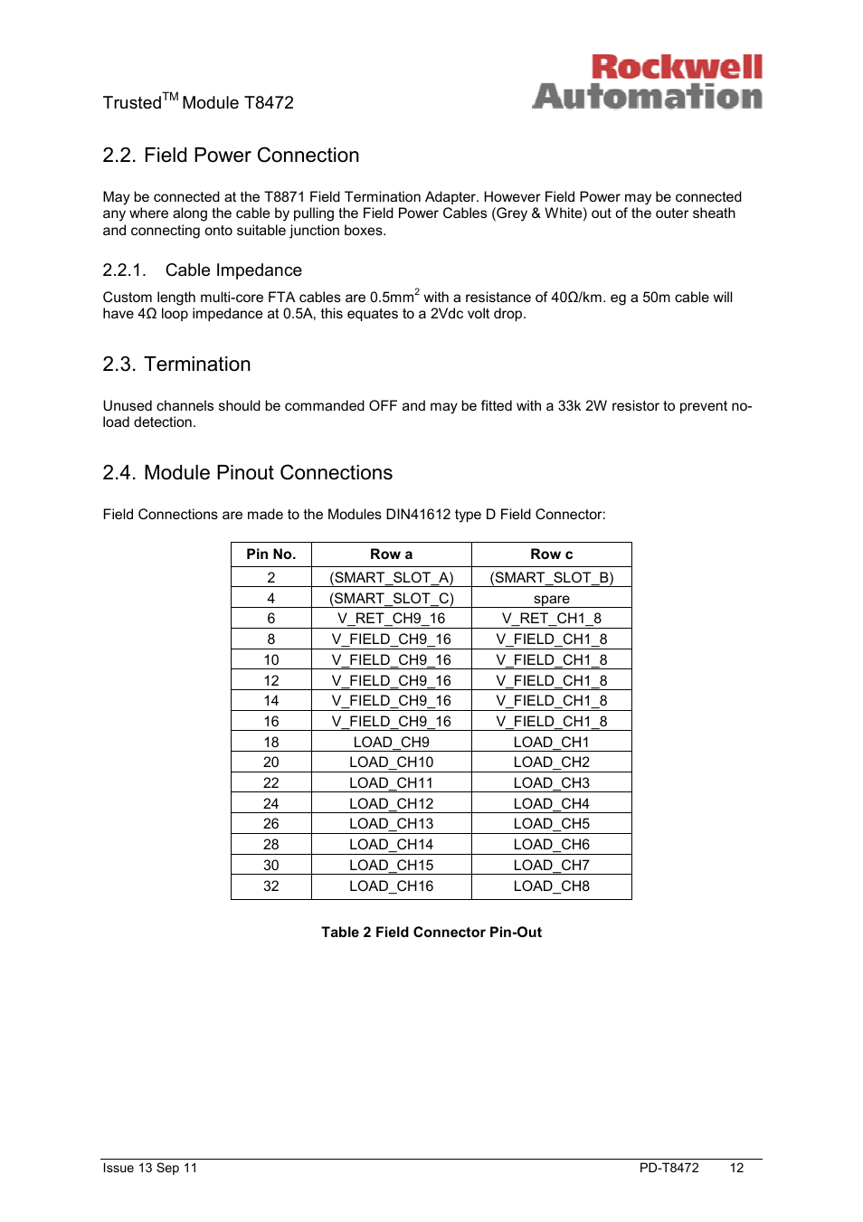 Field power connection, Termination, Module pinout connections | Trusted, Module t8472, Cable impedance | Rockwell Automation T8472 Trusted TMR 120V ac Isolated Output Module User Manual | Page 12 / 28