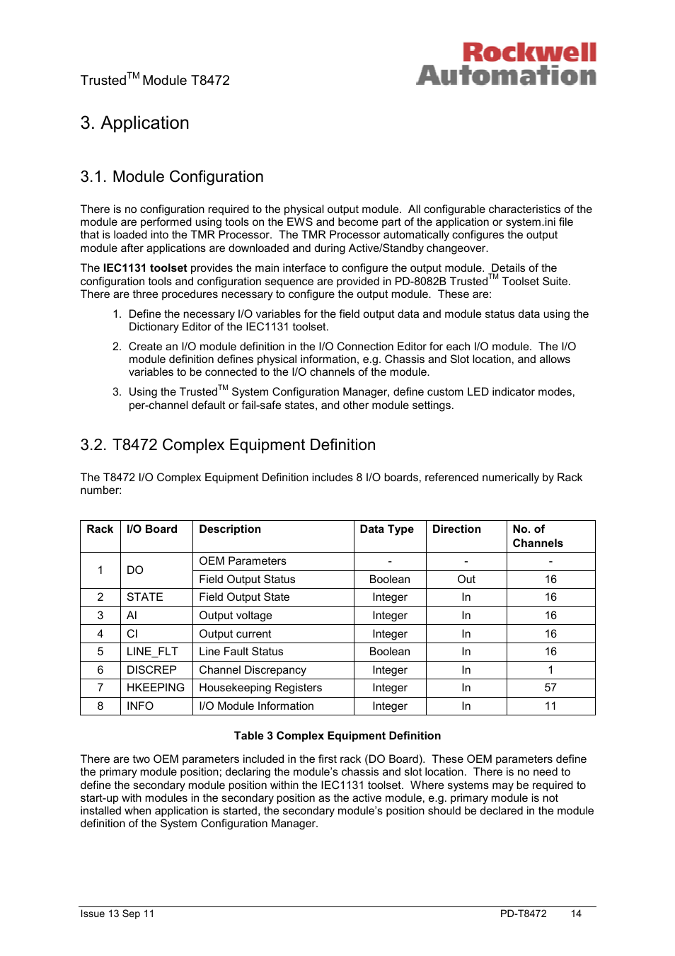 Application, Module configuration, T8472 complex equipment definition | Trusted, Module t8472 | Rockwell Automation T8472 Trusted TMR 120V ac Isolated Output Module User Manual | Page 14 / 28