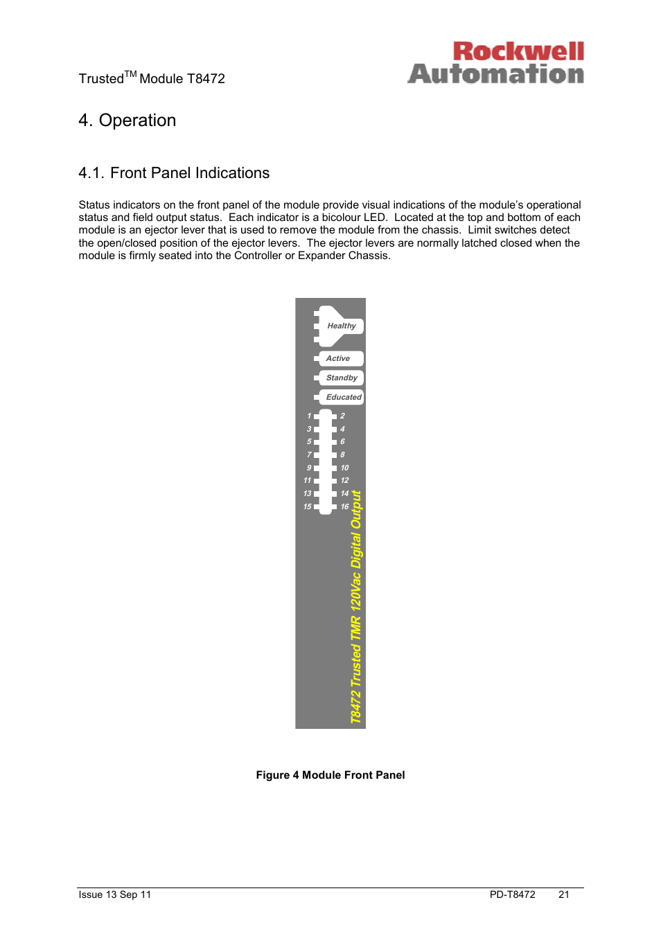 Operation, Front panel indications, Trusted | Module t8472 | Rockwell Automation T8472 Trusted TMR 120V ac Isolated Output Module User Manual | Page 21 / 28