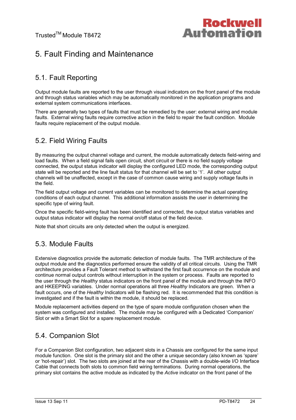 Fault finding and maintenance, Fault reporting, Field wiring faults | Module faults, Companion slot | Rockwell Automation T8472 Trusted TMR 120V ac Isolated Output Module User Manual | Page 24 / 28