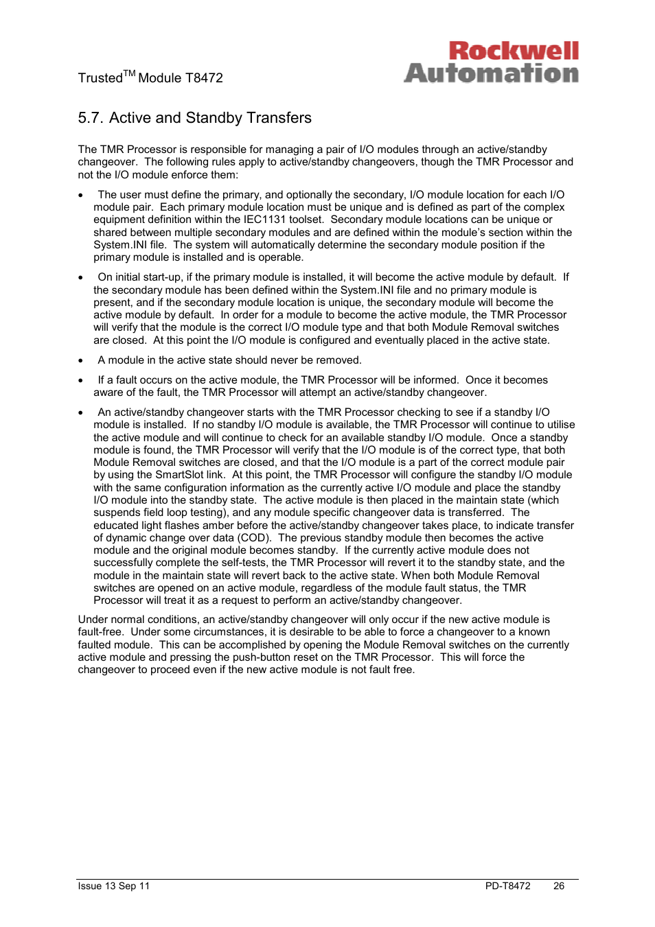 Active and standby transfers, Trusted, Module t8472 | Rockwell Automation T8472 Trusted TMR 120V ac Isolated Output Module User Manual | Page 26 / 28