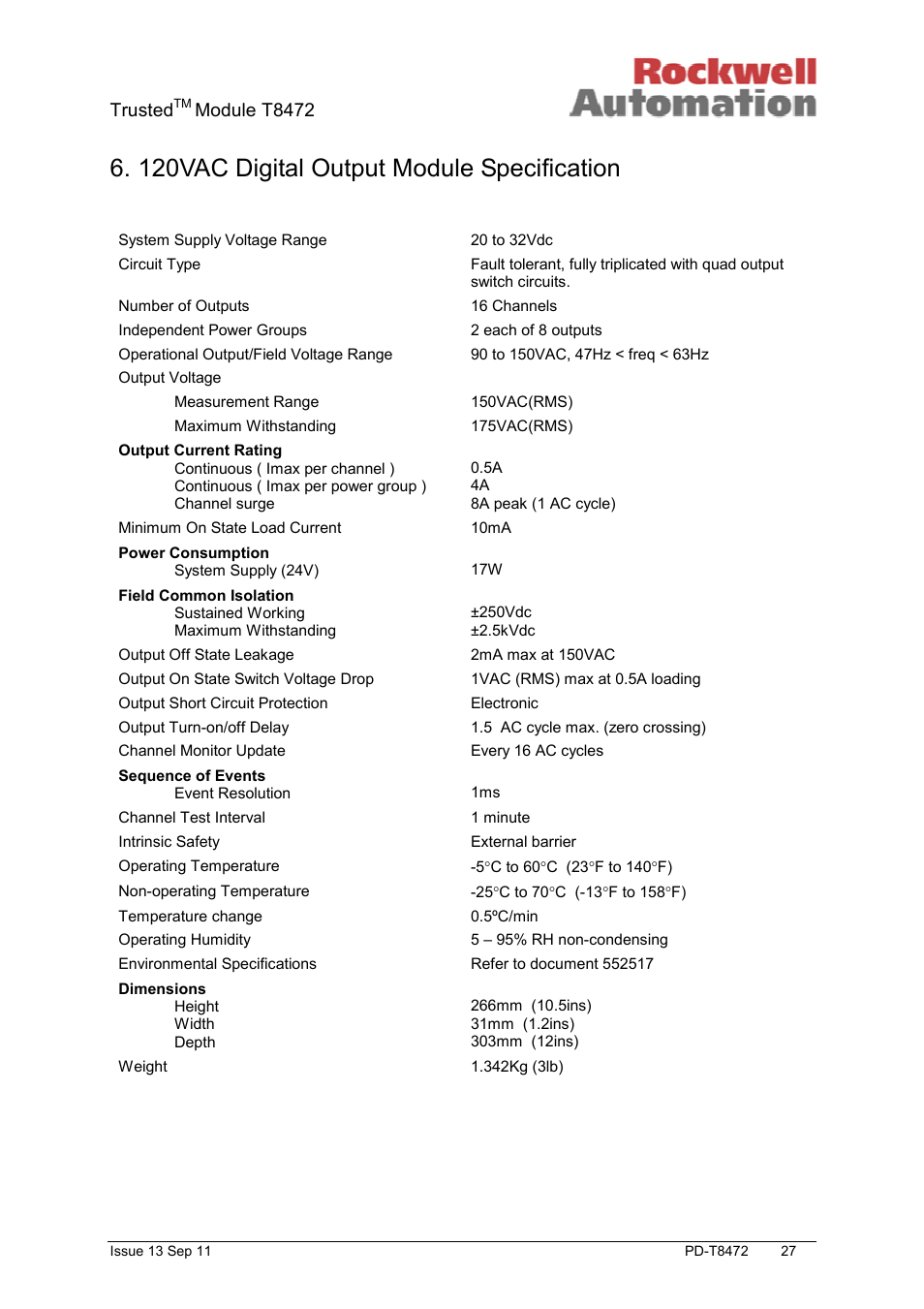 120vac digital output module specification, Trusted, Module t8472 | Rockwell Automation T8472 Trusted TMR 120V ac Isolated Output Module User Manual | Page 27 / 28