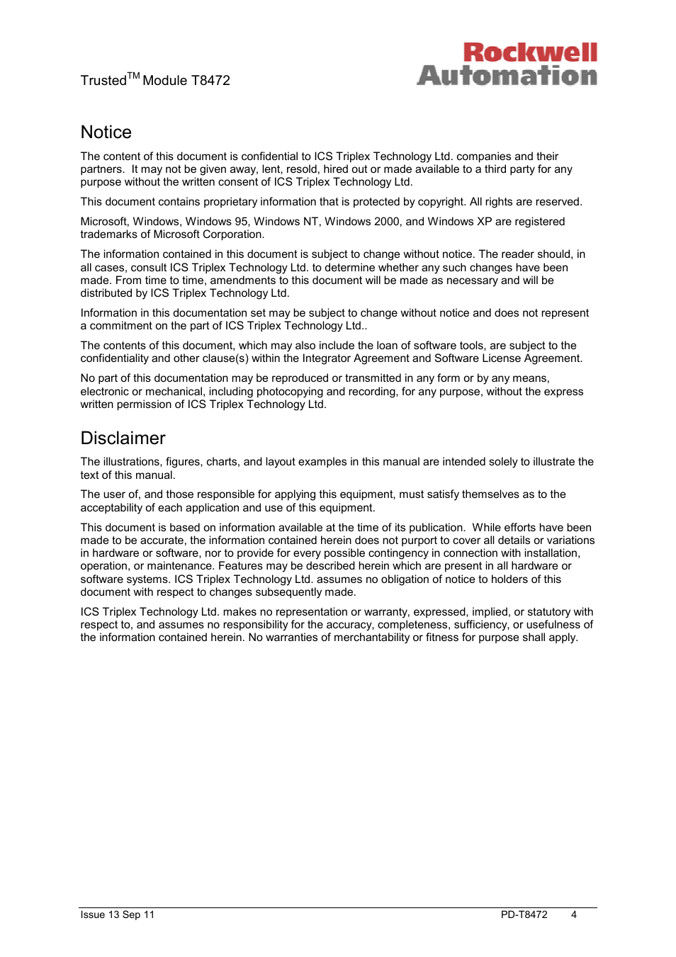 Notice, Disclaimer | Rockwell Automation T8472 Trusted TMR 120V ac Isolated Output Module User Manual | Page 4 / 28