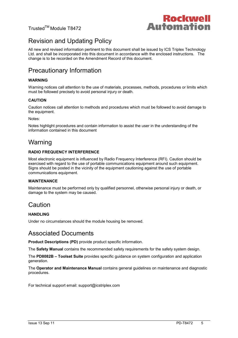 Revision and updating policy, Precautionary information, Warning | Caution, Associated documents | Rockwell Automation T8472 Trusted TMR 120V ac Isolated Output Module User Manual | Page 5 / 28