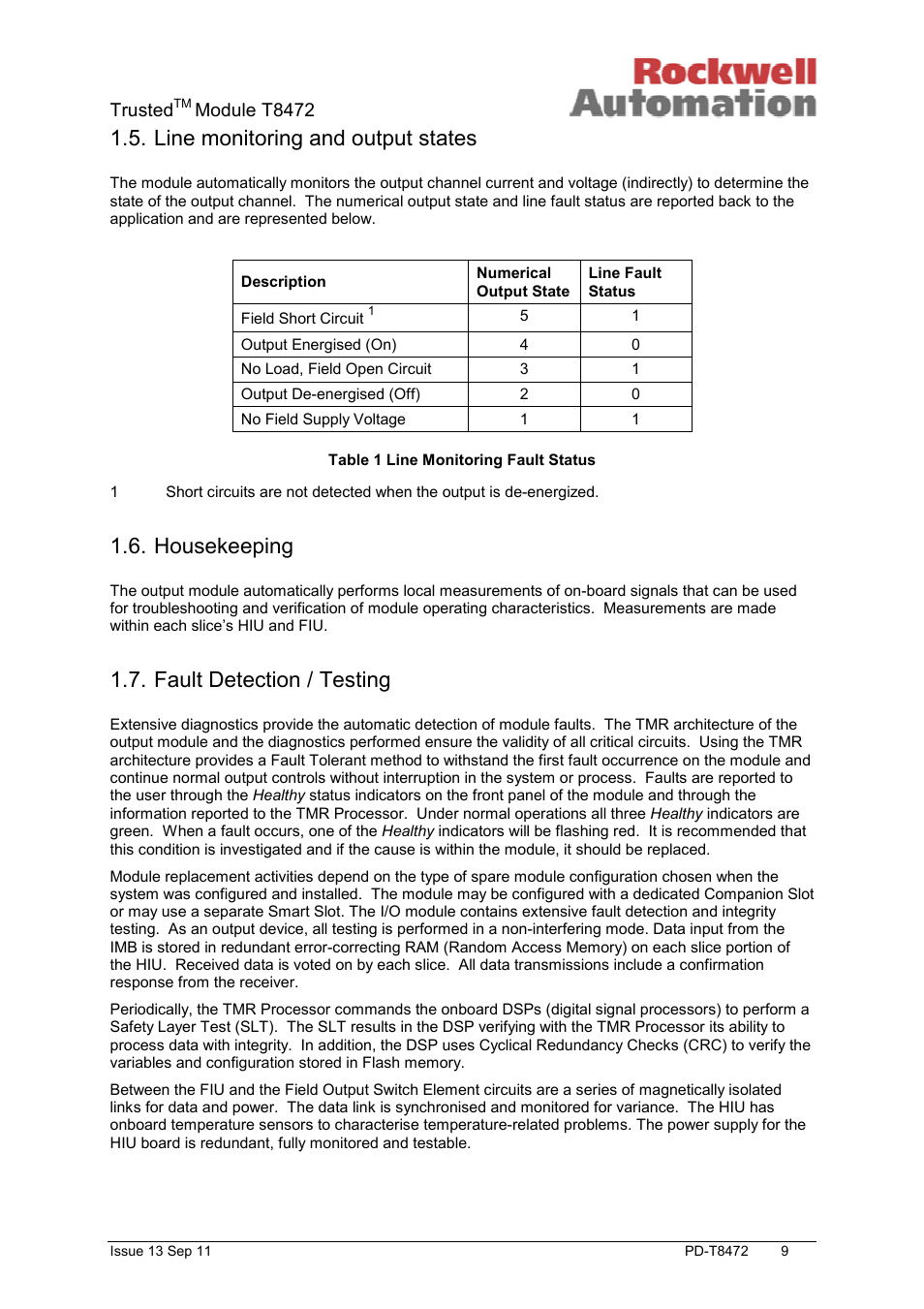 Line monitoring and output states, Housekeeping, Fault detection / testing | Trusted, Module t8472 | Rockwell Automation T8472 Trusted TMR 120V ac Isolated Output Module User Manual | Page 9 / 28