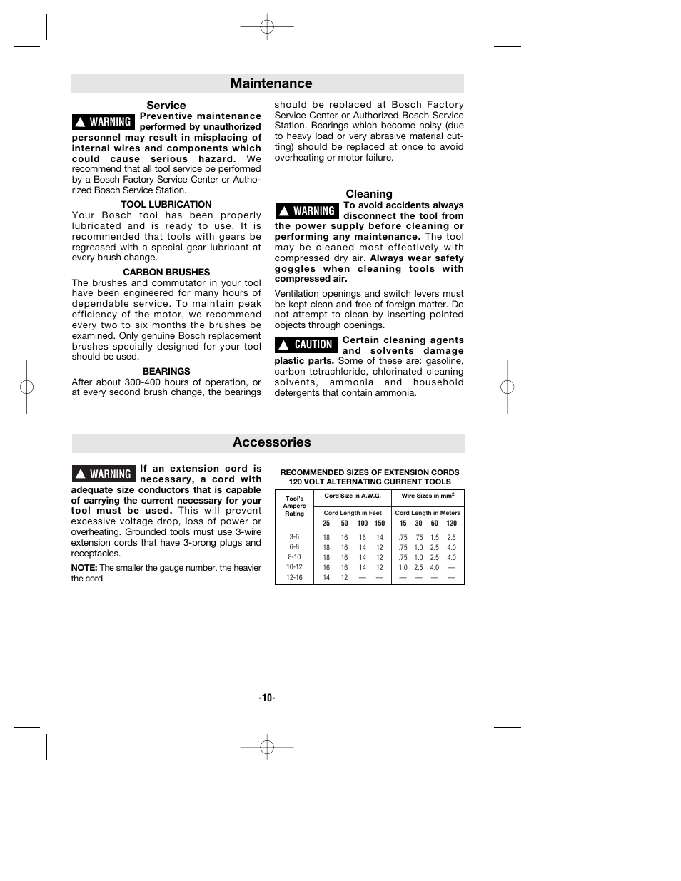 Maintenance accessories, Service, Cleaning | Warning, Caution | Bosch 1295D User Manual | Page 10 / 32