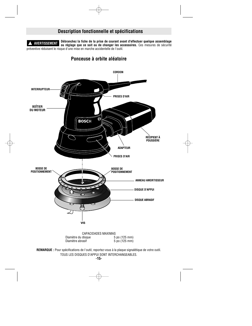 Description fonctionnelle et spécifications, Ponceuse à orbite aléatoire | Bosch 1295D User Manual | Page 15 / 32
