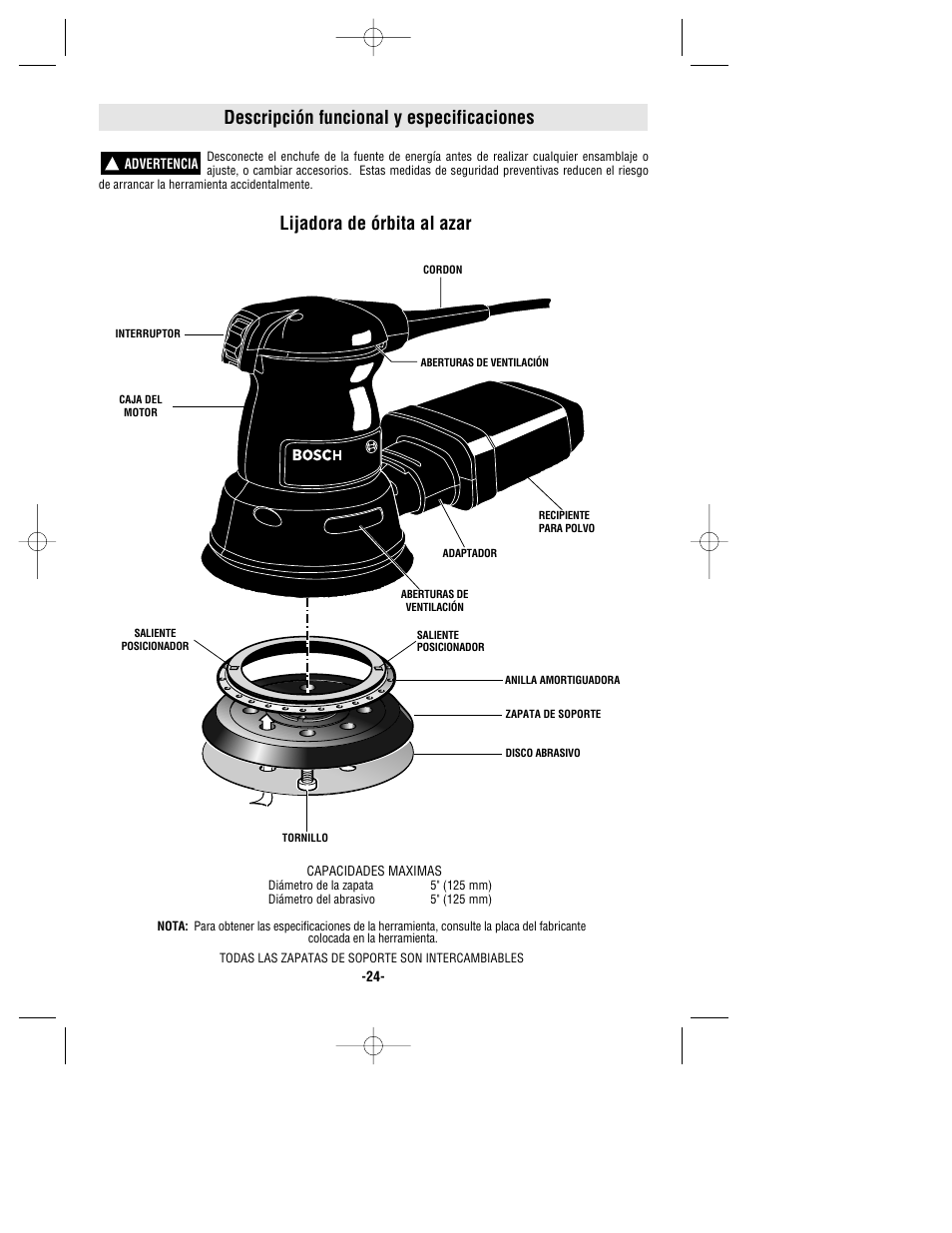 Descripción funcional y especificaciones, Lijadora de órbita al azar | Bosch 1295D User Manual | Page 24 / 32