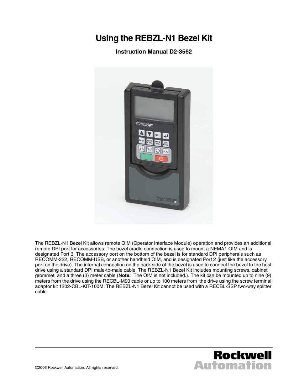 Rockwell Automation SP600 REBZL-N1 Bezel Kit User Manual | 4 pages