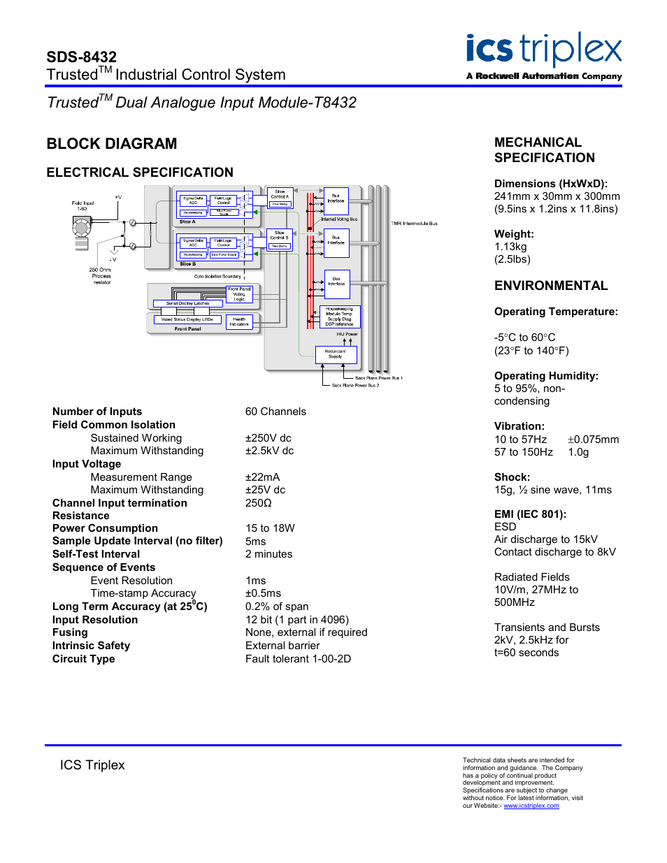 Block diagram, Electrical specification, Sds-8432 trusted | Industrial control system trusted, Dual analogue input module-t8432 | Rockwell Automation T8432 Trusted Dual Analogue Input Module User Manual | Page 2 / 2