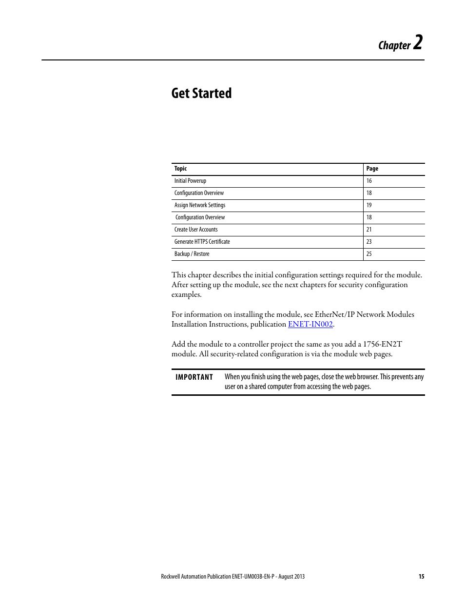 Chapter 2, Get started, Chapter | Rockwell Automation 1756-EN2TSC EtherNet/IP Secure Communication User Manual User Manual | Page 15 / 64