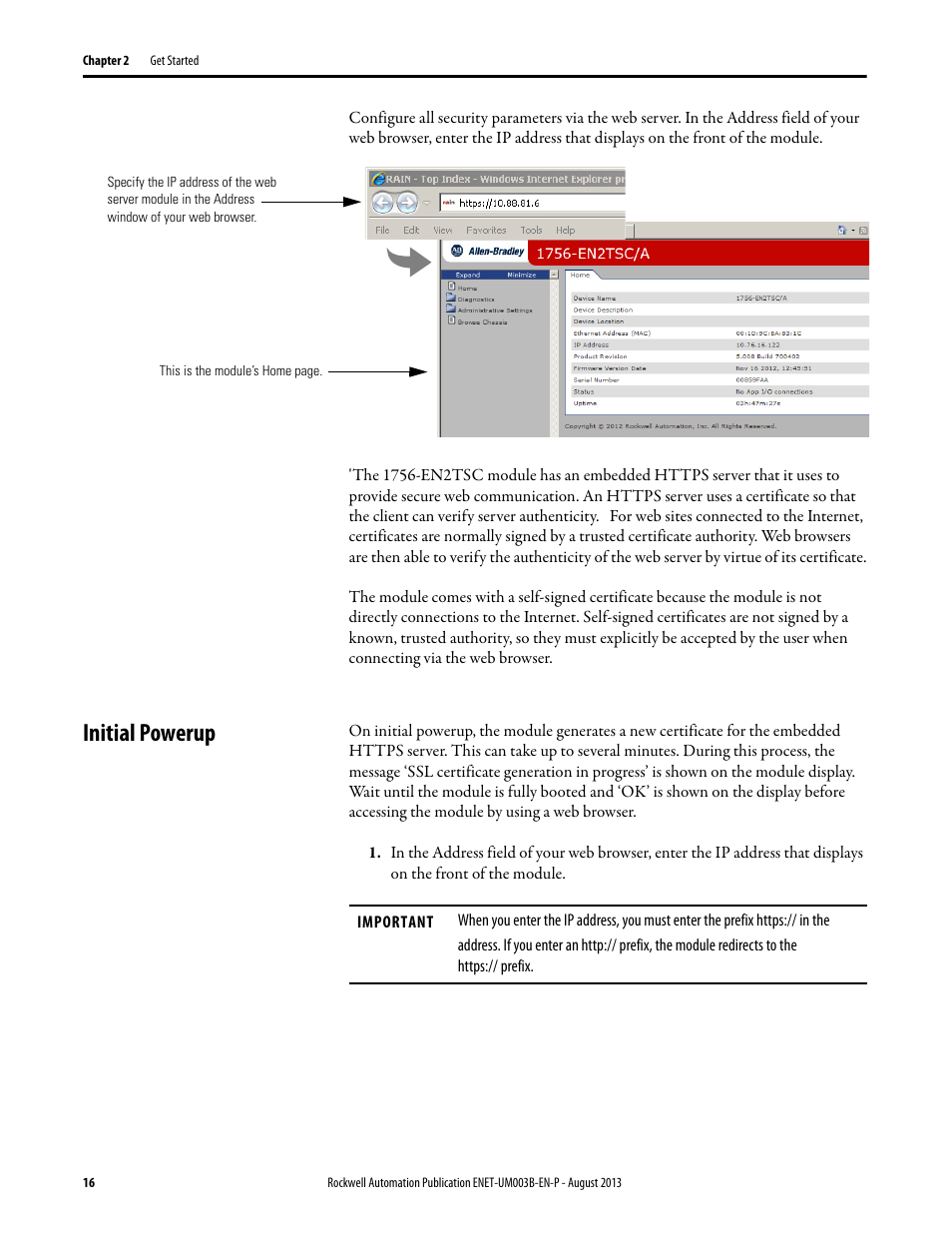 Initial powerup | Rockwell Automation 1756-EN2TSC EtherNet/IP Secure Communication User Manual User Manual | Page 16 / 64