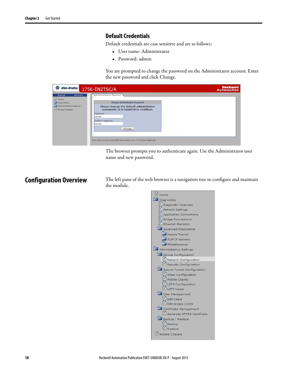 Default credentials, Configuration overview | Rockwell Automation 1756-EN2TSC EtherNet/IP Secure Communication User Manual User Manual | Page 18 / 64