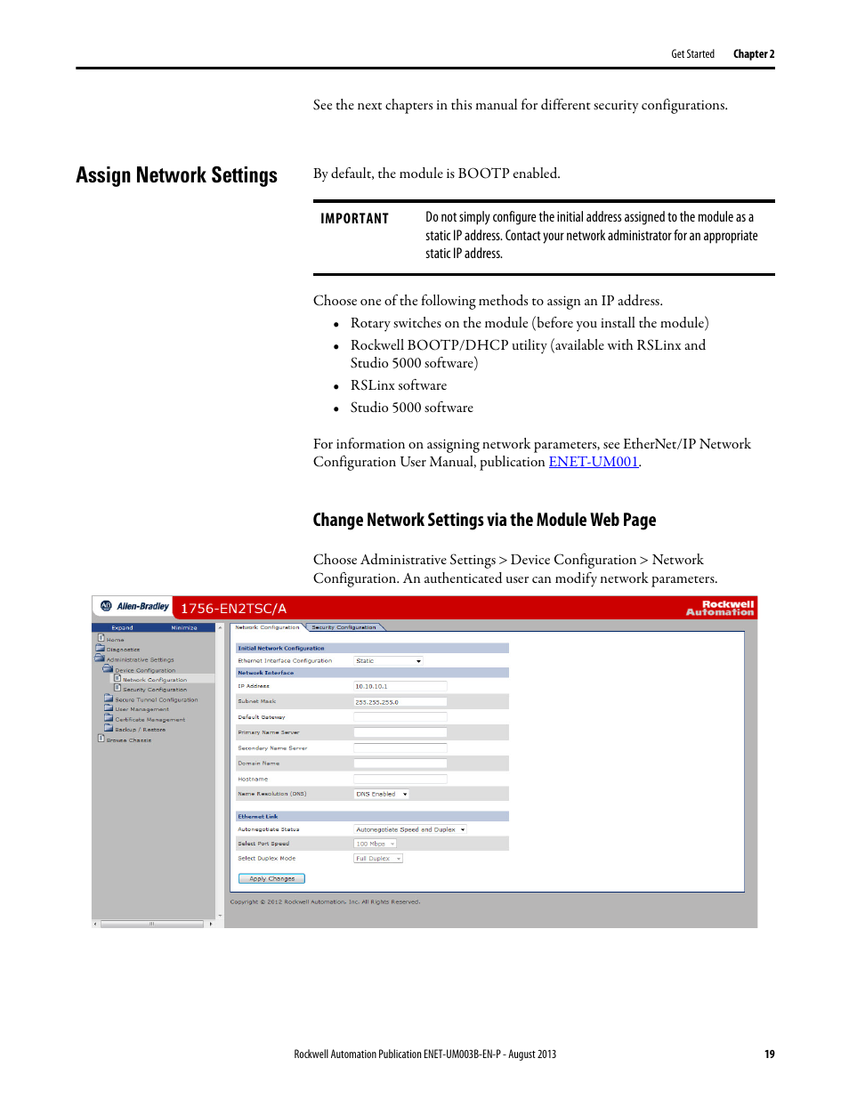 Assign network settings, Change network settings via the module web page | Rockwell Automation 1756-EN2TSC EtherNet/IP Secure Communication User Manual User Manual | Page 19 / 64