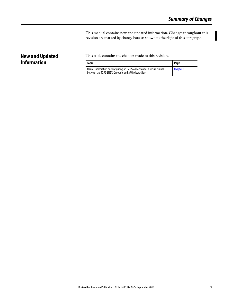 Summary of changes, New and updated information | Rockwell Automation 1756-EN2TSC EtherNet/IP Secure Communication User Manual User Manual | Page 3 / 64