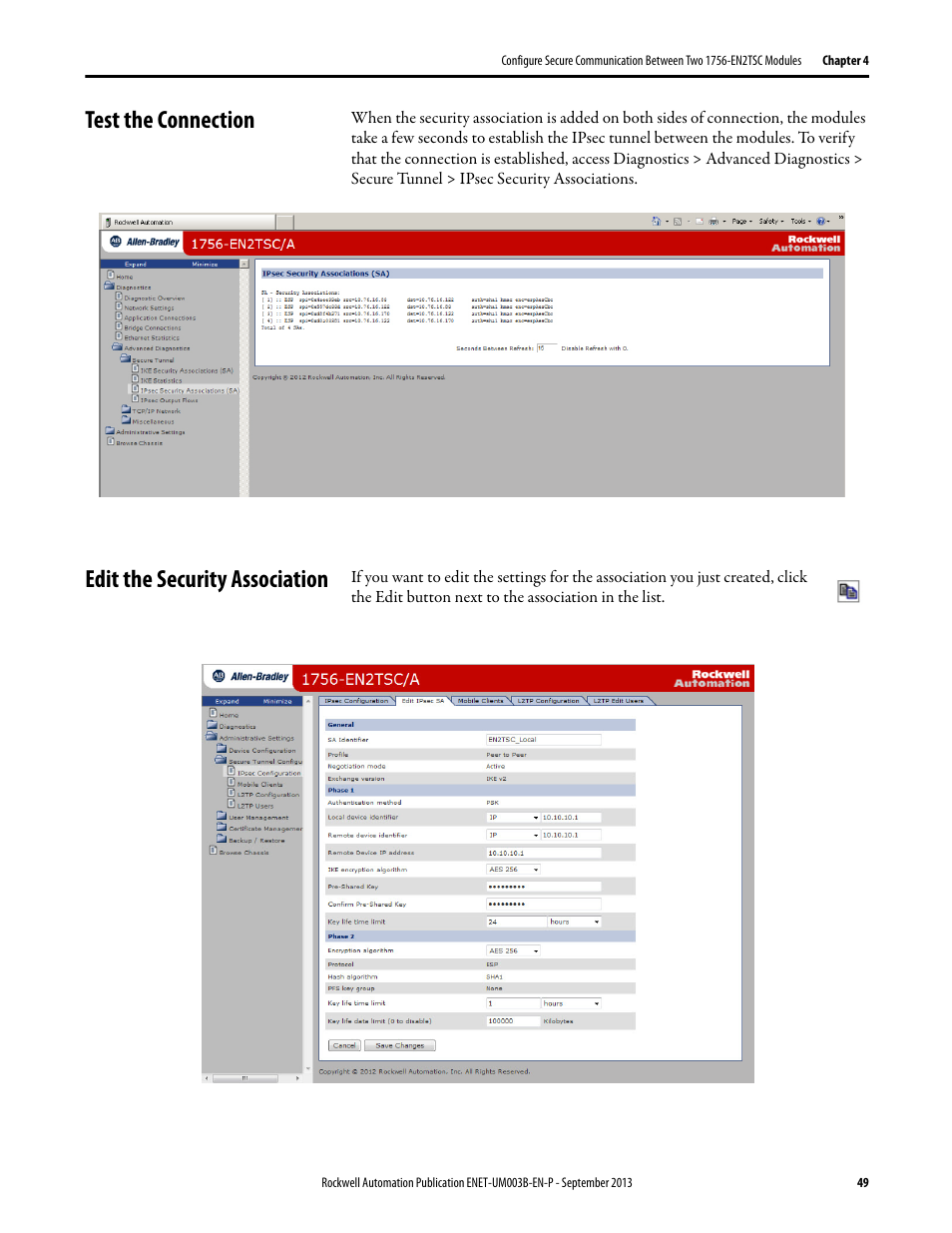 Test the connection, Edit the security association, Test the connection edit the security association | Rockwell Automation 1756-EN2TSC EtherNet/IP Secure Communication User Manual User Manual | Page 49 / 64