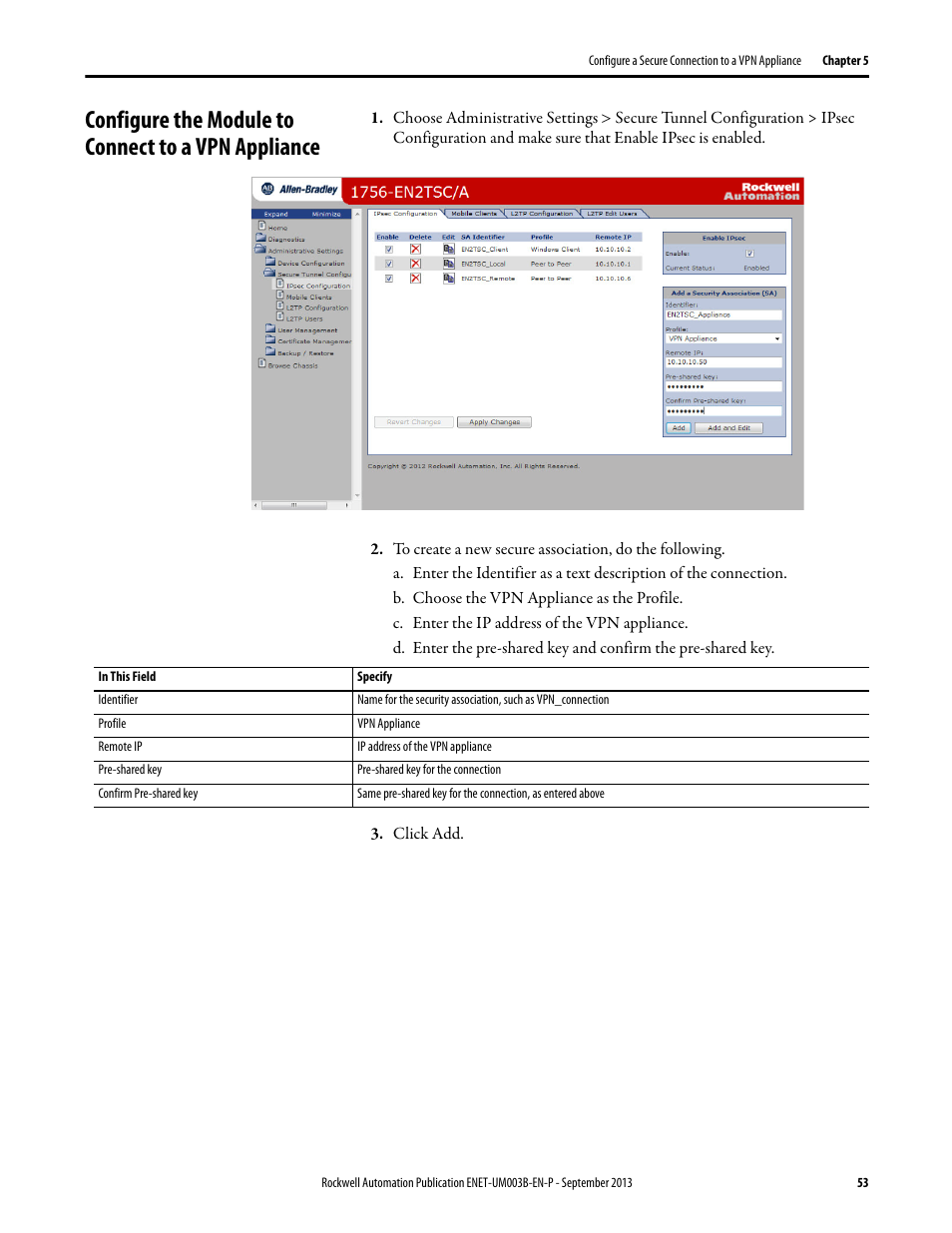 Configure the module to connect to a vpn appliance | Rockwell Automation 1756-EN2TSC EtherNet/IP Secure Communication User Manual User Manual | Page 53 / 64