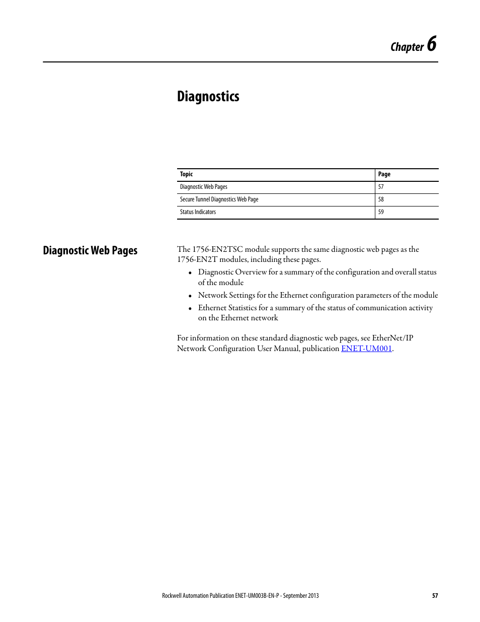 Chapter 6, Diagnostics, Chapter | Diagnostic web pages | Rockwell Automation 1756-EN2TSC EtherNet/IP Secure Communication User Manual User Manual | Page 57 / 64